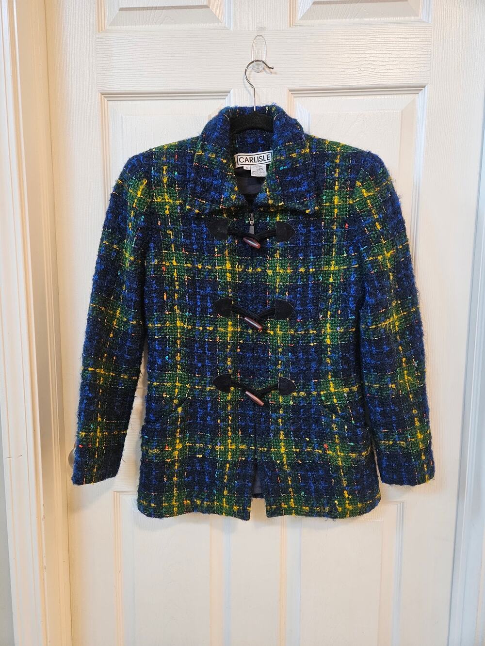 Vintage Carlisle Wool Mohair Plaid Toggle Coat Shag Bouclé Dark Academia Size 6